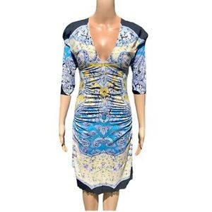 Roberto Cavalli Blue Gold Bodycon Midi Dress